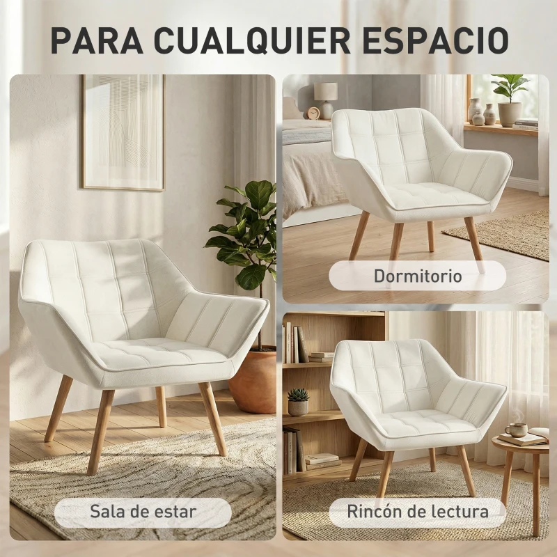 HOMCOM Butaca de Salón Moderna Tapizado en Terciopelo con Patas de Madera Sillón Relax para Sala de Estar Crema