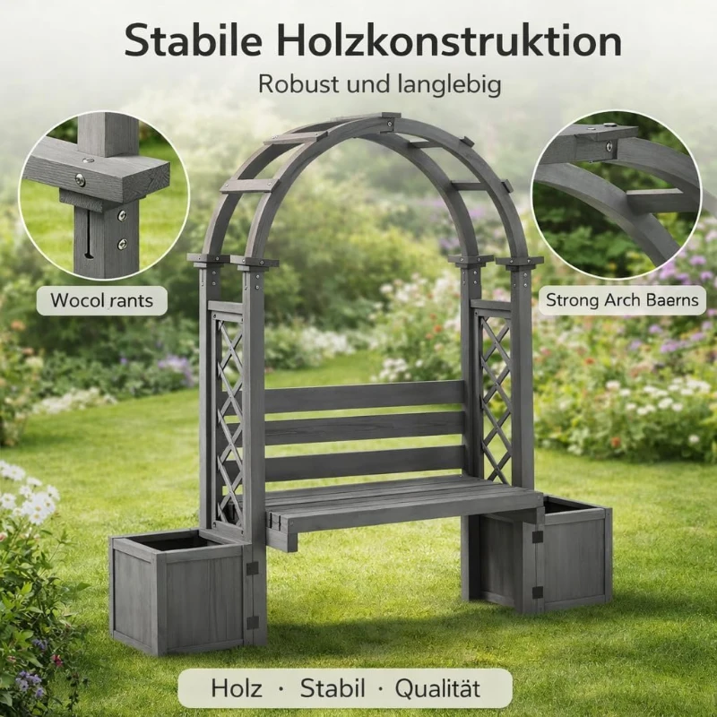 Pergola-Bank mit Pflanzkästen und geschwungenem Rankgitter, dreifach-Funktion: Sitzbank, Pflanzkübel und Rankhilfe, 160 x 30,5 x 160 cm, Grau