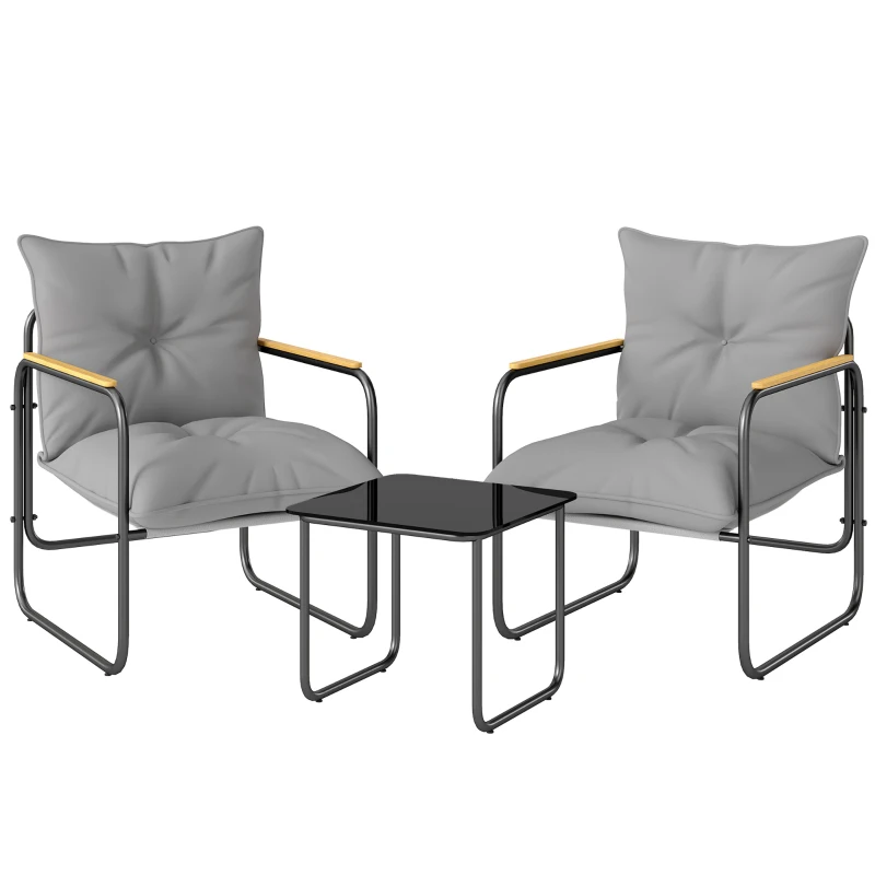 Outsunny Salon de Jardin 3 Pièces, 2 Fauteuils avec Coussins Épais, 1 Table Basse en Verre Trempé, 59x73x72cm, Gris Foncé