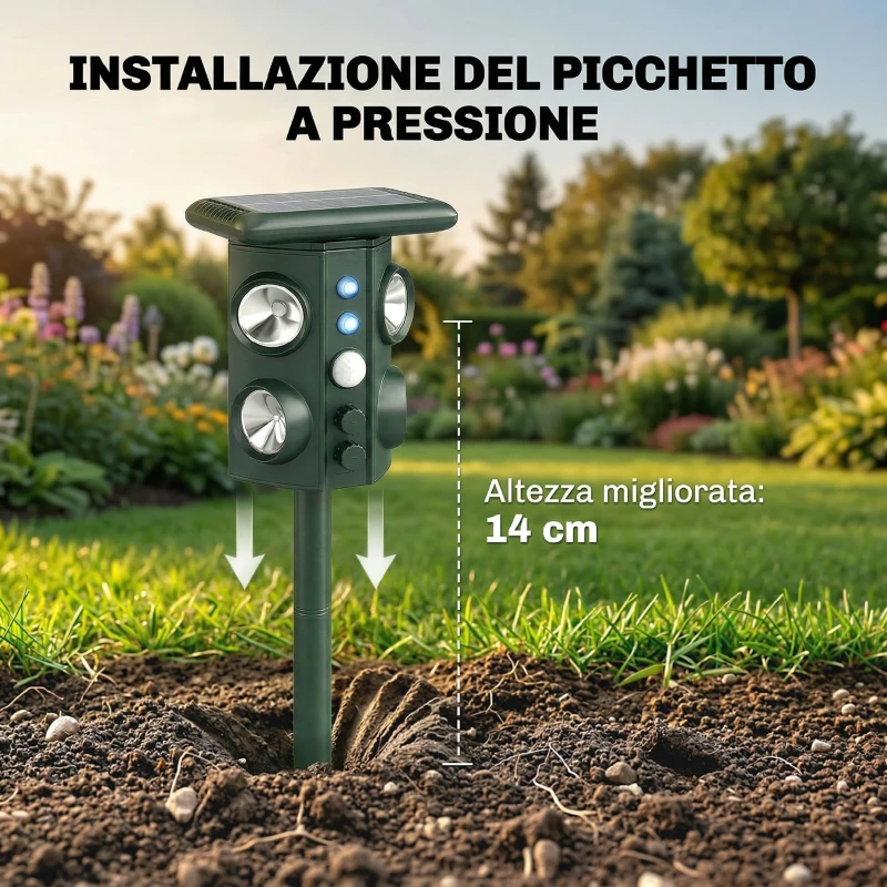 Outsunny Repellente Solare Ultrasonico per Gatti con 5 Modalità, Sensore PIR e Flash LED