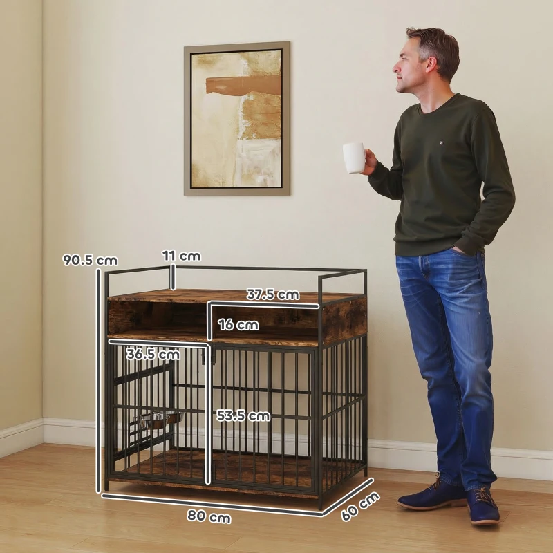 PawHut Dog Crate Furniture, Dog Cage with Rotatable Feeding Station and Storage Shelves, End Side Table Indoor Pet Kenne