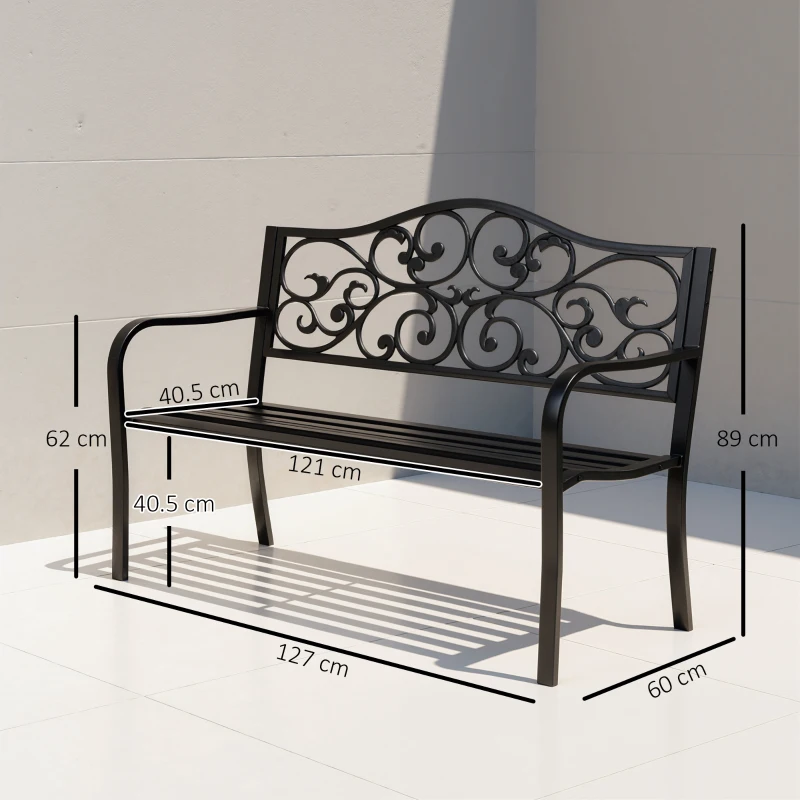 Outsunny Metal Garden Bench with Floral Backrest and Armrests - Black