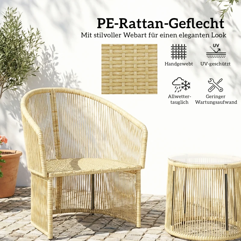 Outsunny Rattan-Bistro-Set, 3-teiliges Gartenmöbel-Set mit rundem Glastisch, Sesseln und Kissen, Cremeweiß