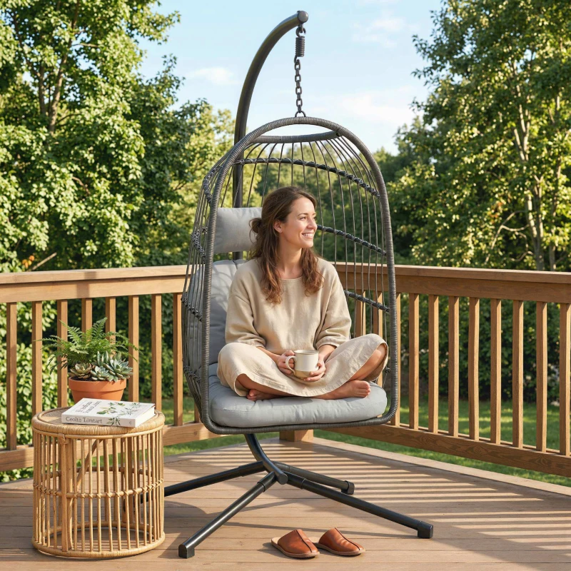 Outsunny Hanging Egg Chair, Indoor Outdoor Hammock Swing Chair with Stand, Safety Strap, Foldable Basket, Dark/Light Grey