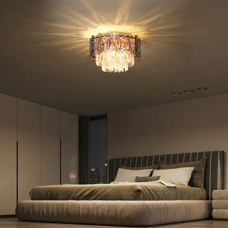 HOMCOM Chandelier Ceiling Light, 3-Light Flush Mount Fixture with Dual Crystal and Smoke Glass Shade, 40 cm LED Ceiling Light for Living Room Bedroom, 3 E14 Sockets, Bulbs Not Included, Gold Tone