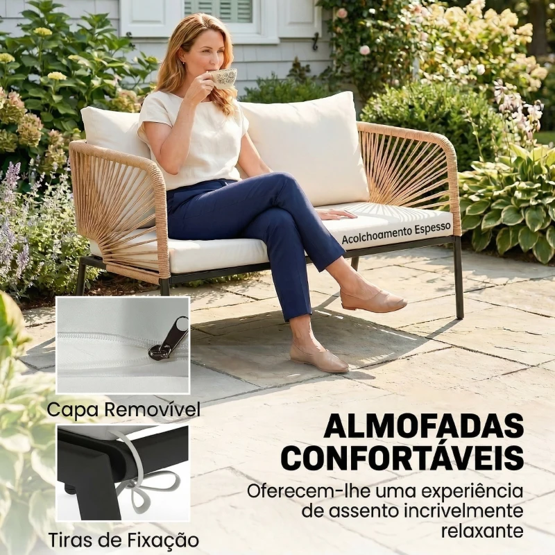Outsunny Conjunto Jardim de 4 peças Móveis de Exterior com Sofá de 2 Lugares 2 Poltronas e Mesa de WPC Branco e Castanho