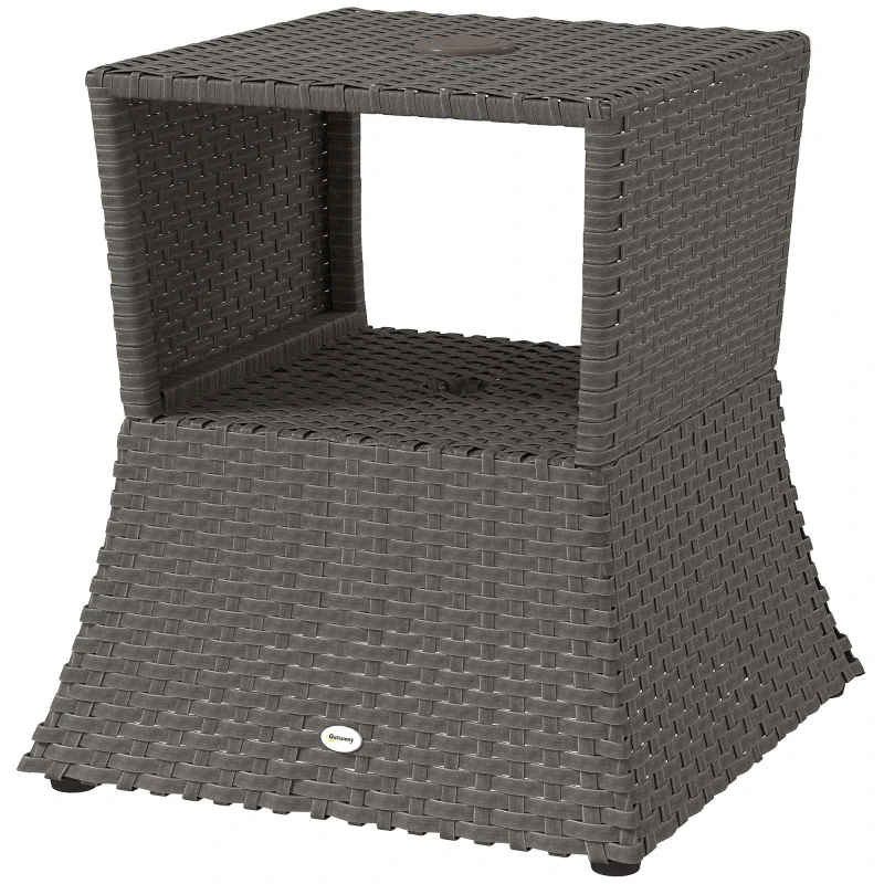 Outsunny Rattan Outdoor Coffee Table, Wicker Garden Patio Bistro Side Table with Umbrella Hole and Storage Space, Dark Grey