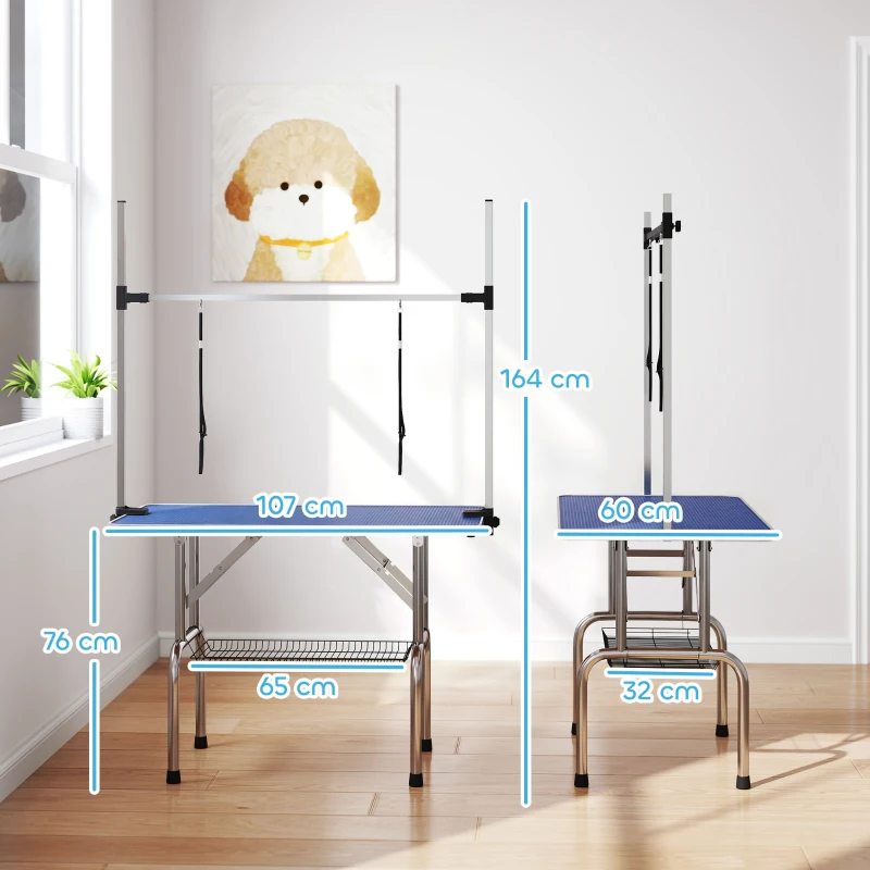 PawHut 42" Dog Grooming Table, Adjustable Pet Cat Drying Beauty Table with 2 Loops Storage Basket, Rubber Top, Blue