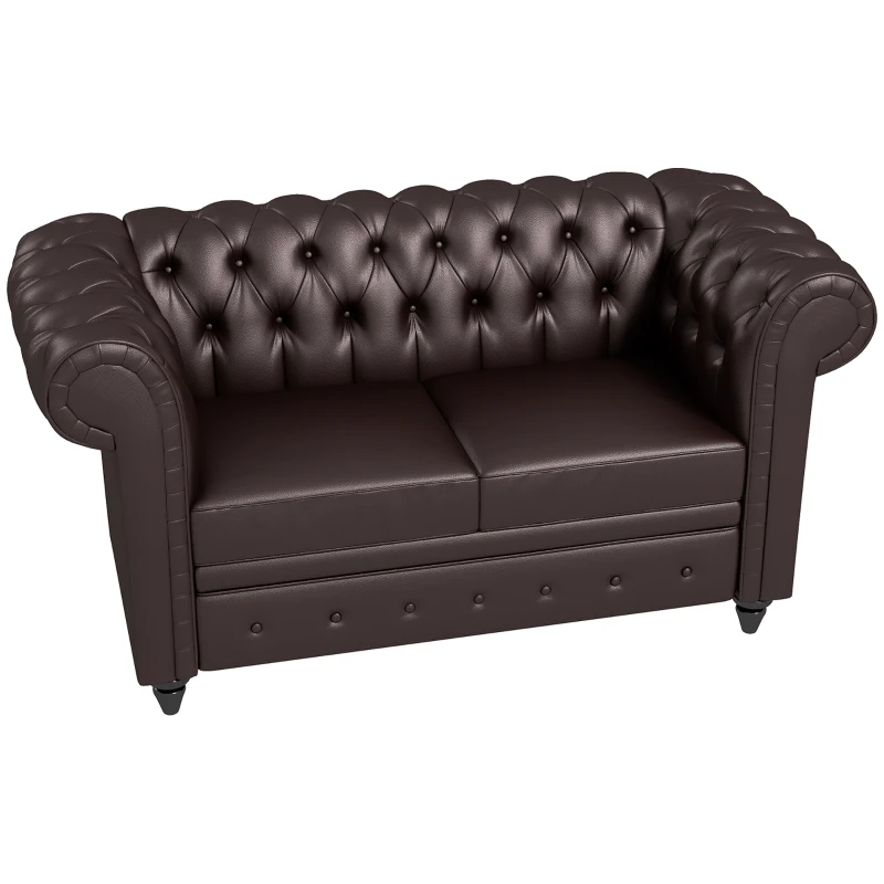 HOMCOM Canapea Chesterfield cu 2 locuri, cu pernă detașabilă, din piele ecologică, lemn și metal, 160x84x80 cm, maro(m-10)