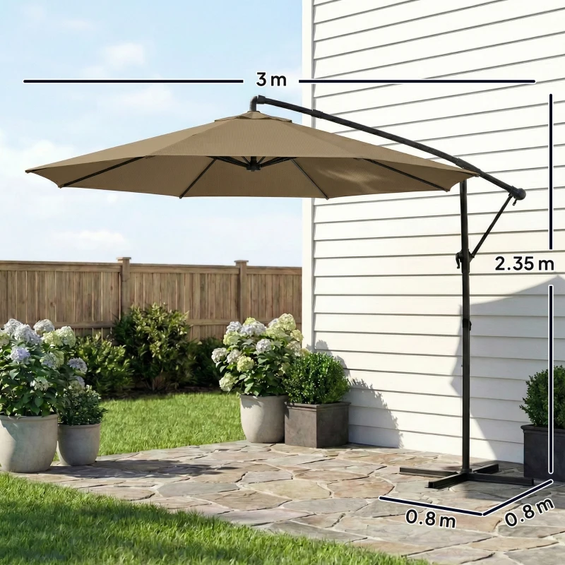 Outsunny 3 m Garden Cantilever Parasol with Cover, Round Overhanging Umbrella with 360° Rotation, Tilt, Khaki