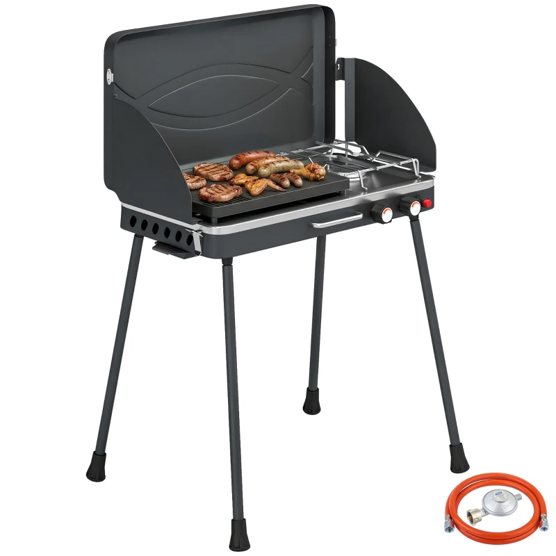 Outsunny Barbacoa de Gas Portátil 2 en 1 Propano 7 kW de Mesa o de Pie con Plancha Grande Patas Desmontables Negro
