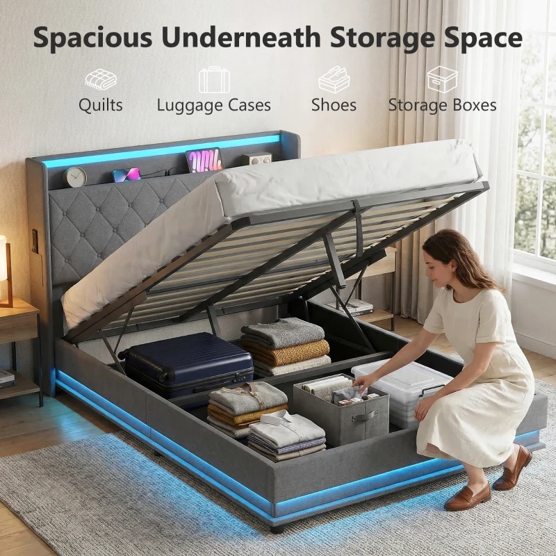 HOMCOM 4ft6 Double Bed Frame with Headboard, Platform Bed Frame with Hydraulic Storage, LED Lights and Charging Station, Grey