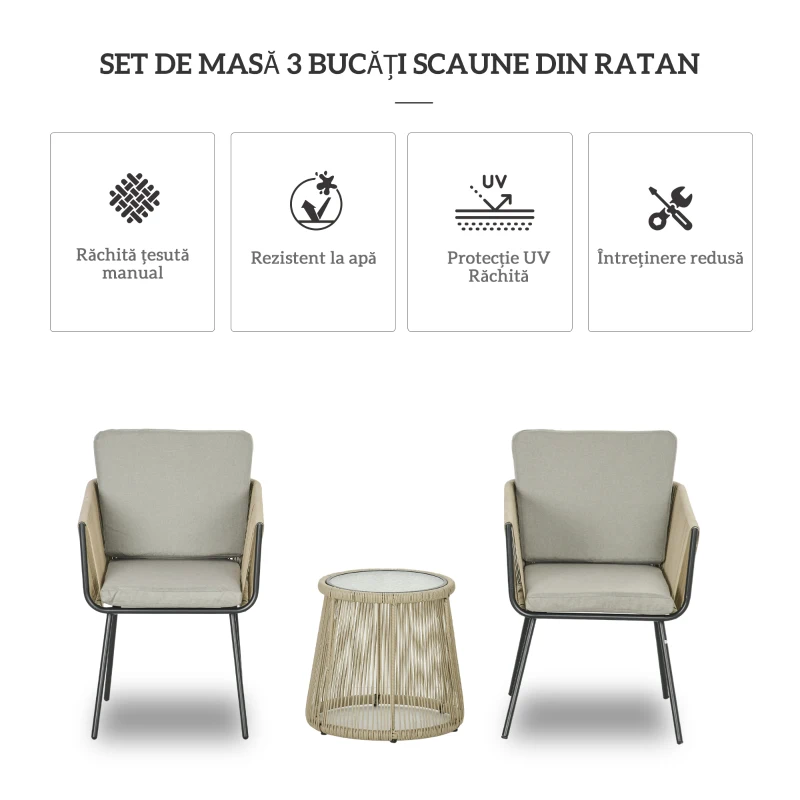 Outsunny Set de Exterior cu Măsuță din Sticlă și 2 Scaune de Grădină din Ratan Stil Boho, Cafea