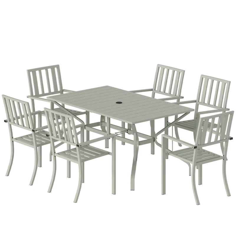 Outsunny 7 Pieces Garden Table and Chairs, 6 Seater Outdoor Table and Chairs with Umbrella Hole, for Garden, Light Grey