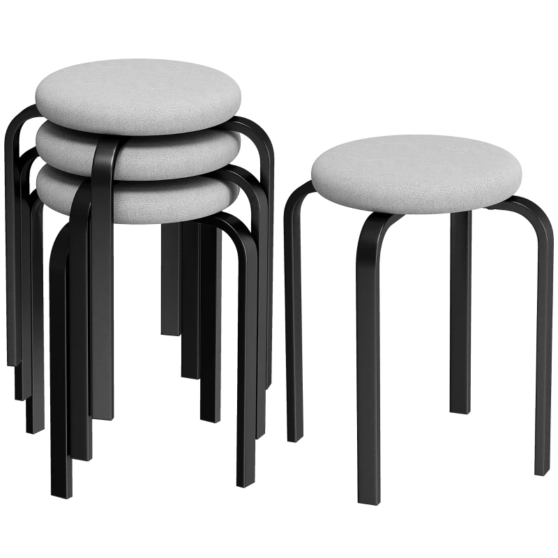 HOMCOM Set de 4 taburetes apilables, modernos taburetes redondos acolchados sin respaldo para cocina y comedor, gris