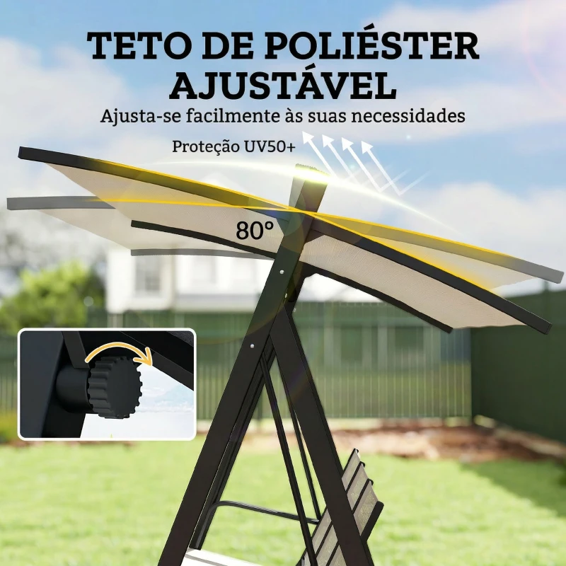 Outsunny Baloiço de Jardim de 3 Lugares com Teto Ajustável UPF50+ Assento Transpirável e Estrutura em Metal 188x130x183 cm Creme