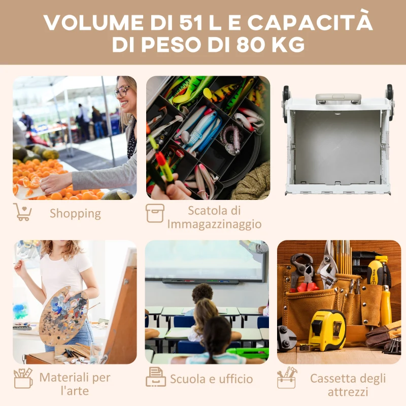 HOMCOM Carrello Spesa Pieghevole, Carrello in Alluminio, Ruote per Scale, Bianco