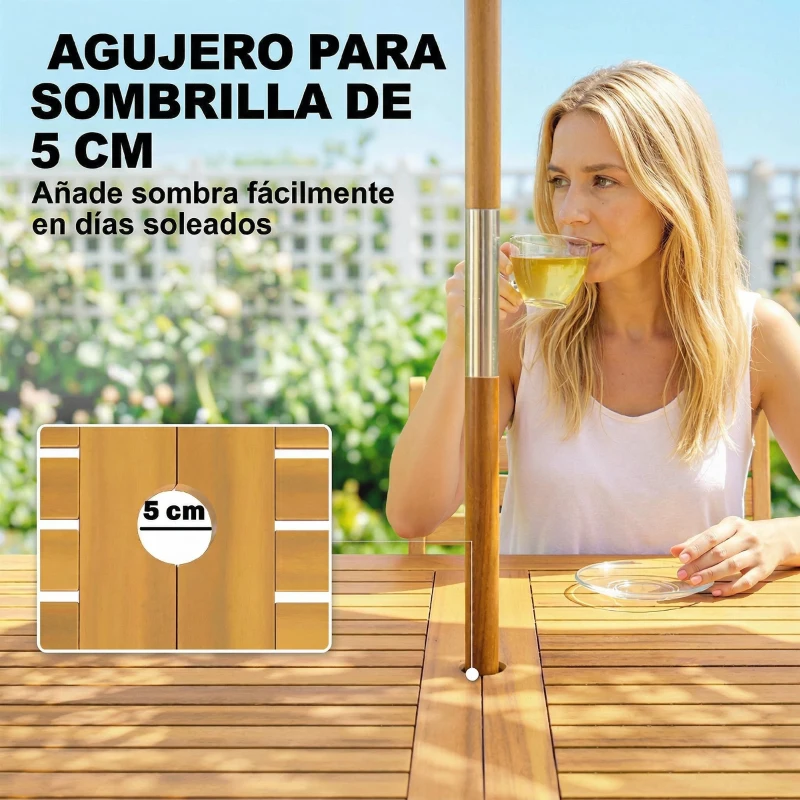 Outsunny Mesa de Comedor de Jardín de Madera para 6 Personas con Superficie de Listones Orificio 150x75x75 cm Natural