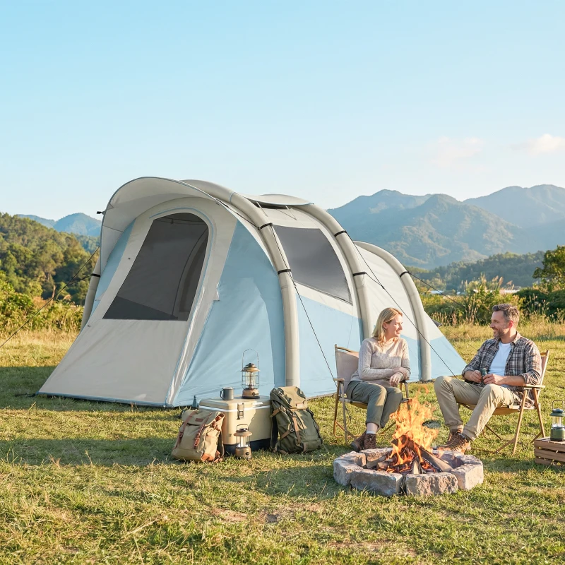 Outsunny Tenda de Campismo Insuflável 2-3 Pessoas com Bomba Quarto e Área de Estar Impermeável 3000 mm Montagem Rápida Azul Claro
