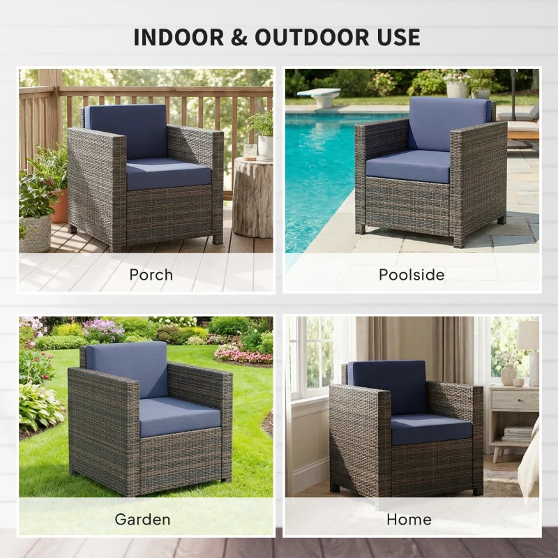 Outsunny PE Rattan Garden Armchair with Cushion - Mixed Brown/Navy Blue