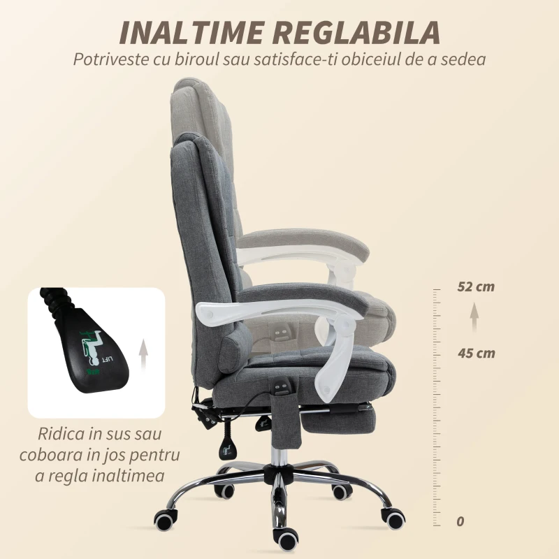 Vinsetto Fotoliu de Birou cu Telecomandă și 6 Puncte de Masaj, din Material Mixt Catifea și In, 67x79x111-121 cm, Gri