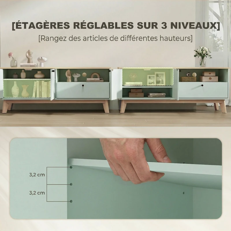 HOMCOM Meuble TV 120 cm, meuble télé pour téléviseur jusqu'à 36 pouces avec 2 portes, tiroir, compartiment ouvert, vert clair