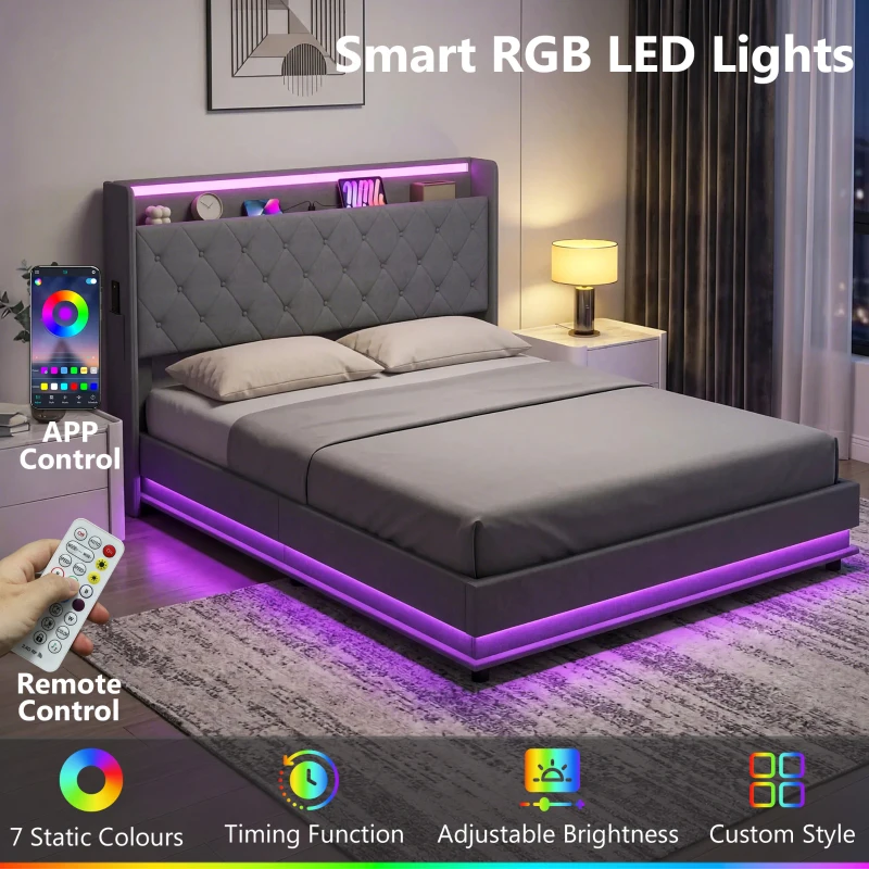 HOMCOM 5ft King Bed Frame with Headboard, Platform Bed Frame with Hydraulic Storage, LED Lights and Charging Station, Grey