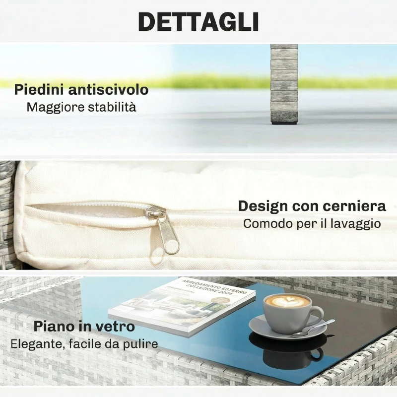 Outsunny Set Salotto da Giardino 4 Pezzi in Rattan con Divano a 2 Posti, 2 Sedie, Tavolino da Caffè, Grigio