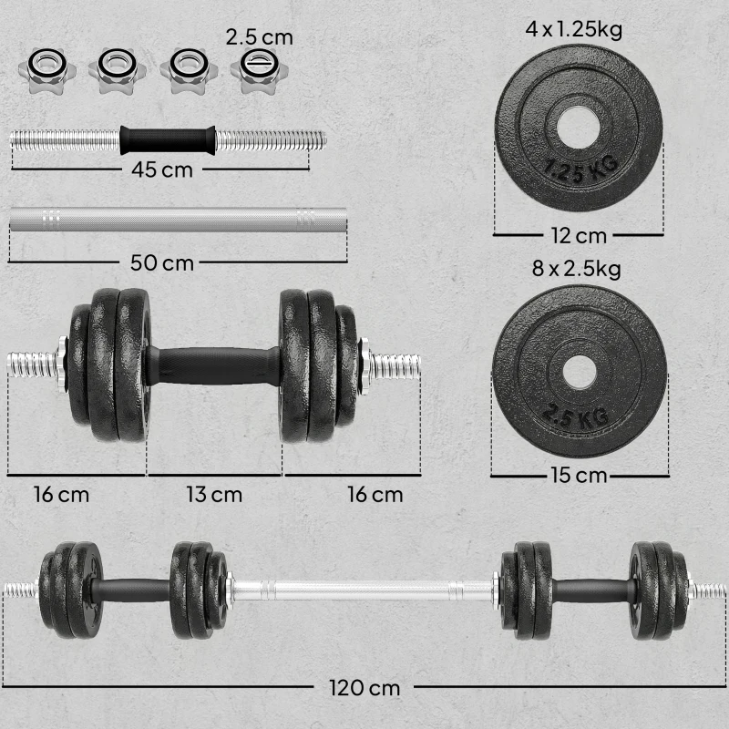 SPORTNOW 2-in-1 Adjustable Dumbbells Set, 30kg Cast Iron Weights Dumbbells Set with Non-Slip Grip for Strength Training, Weight Lifting, Bodybuilding, Home Gym Workout Equipment for Men & Women