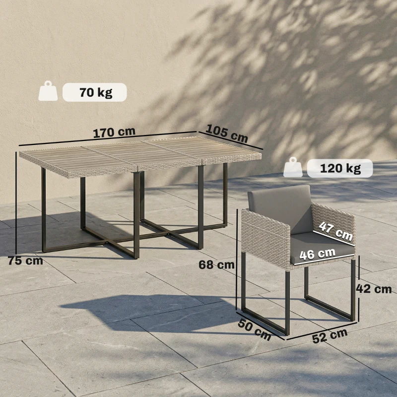 Outsunny 7 Piece Rattan Garden Furniture Set, Garden Dining Set with Wood-Plastic Table and 6 Stackable Chairs, Light Grey