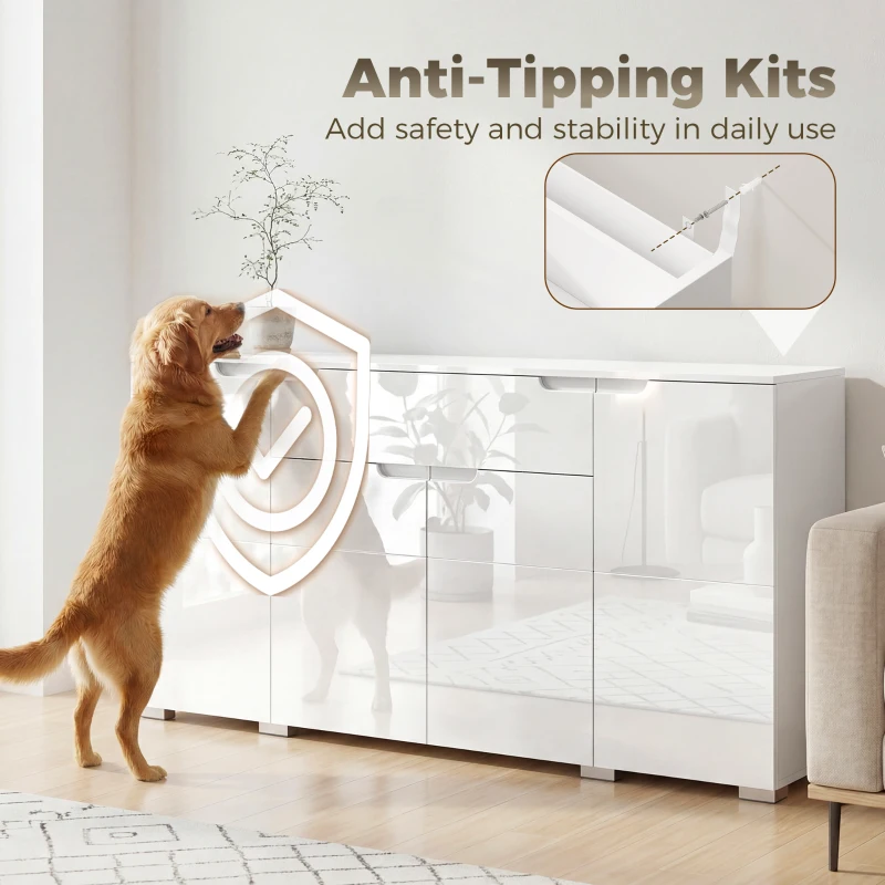 HOMCOM Aparador alto brilho, buffet moderno com 4 portas e prateleiras ajustáveis, armário de cozinha com fecho suave, Branco