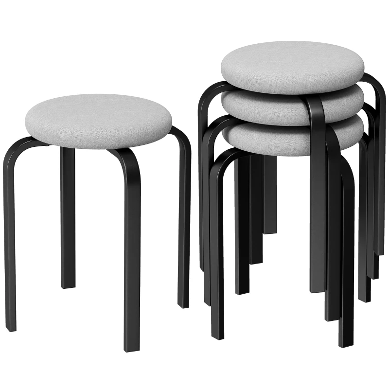 HOMCOM Set de 4 taburetes apilables, modernos taburetes redondos acolchados sin respaldo para cocina y comedor, gris