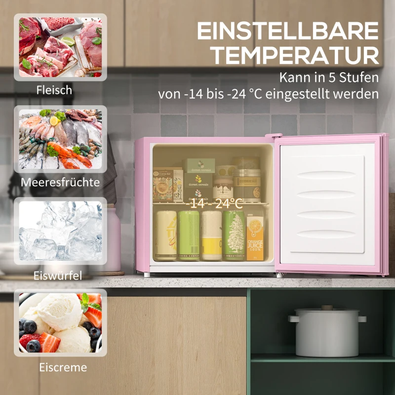 HOMCOM Tischgefrierschrank mit 35 Liter Kapazität, kleiner Gefrierschrank mit umkehrbarer Tür, Rosa