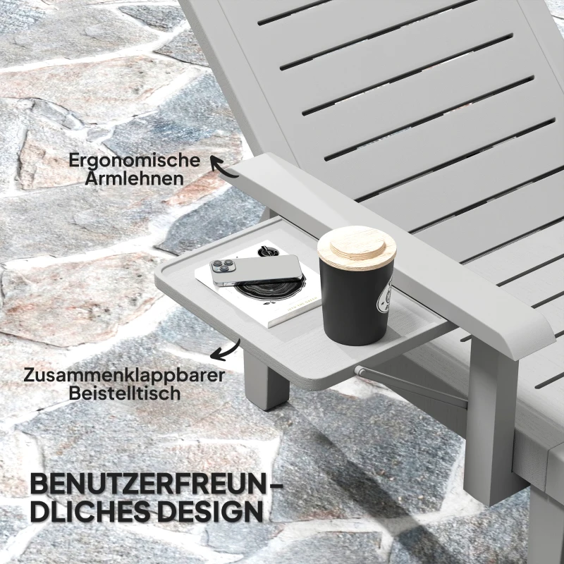 Outsunny Sonnenliege Gartenliege mit Seitentisch Holzoptik Liegestuhl mit 5-Fach verstellbare Rückenlehne Hellgrau