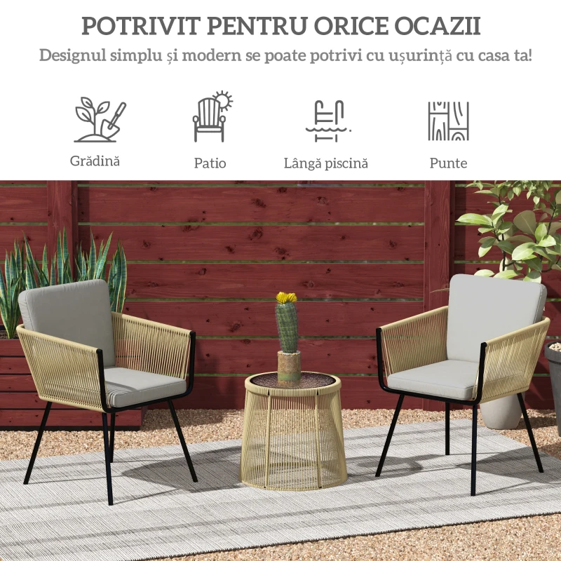 Outsunny Set de Exterior cu Măsuță din Sticlă și 2 Scaune de Grădină din Ratan Stil Boho, Cafea