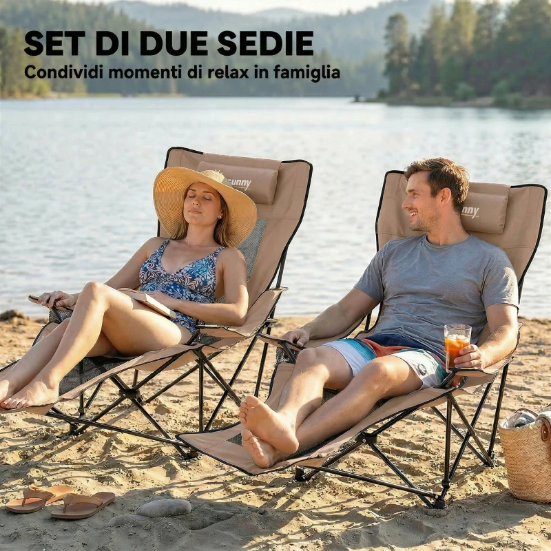 Outsunny Set 2 Sedie da Campeggio Pieghevoli in Tessuto Oxford e Metallo con Poggiapiedi Staccabile, Marrone e Nero
