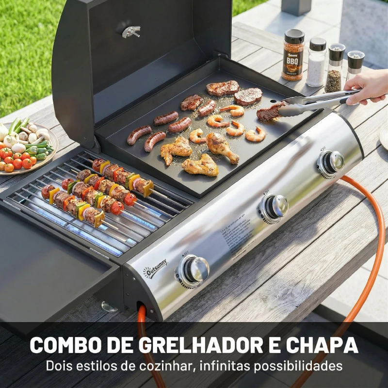 Outsunny Barbecue a Gás BBQ com 3 Queimadores 7,5 kW com Grelha Placa Prateleira Lateral Conversível Termómetro Preto