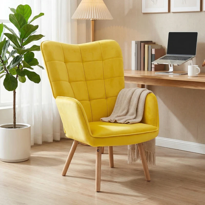 HOMCOM Modern Accent Chair, Upholstered High Back Armchair with Tufted Wingback, Seat Padding, Velvet Leisure Lounge Bedroom Chair with Wood Legs, Yellow