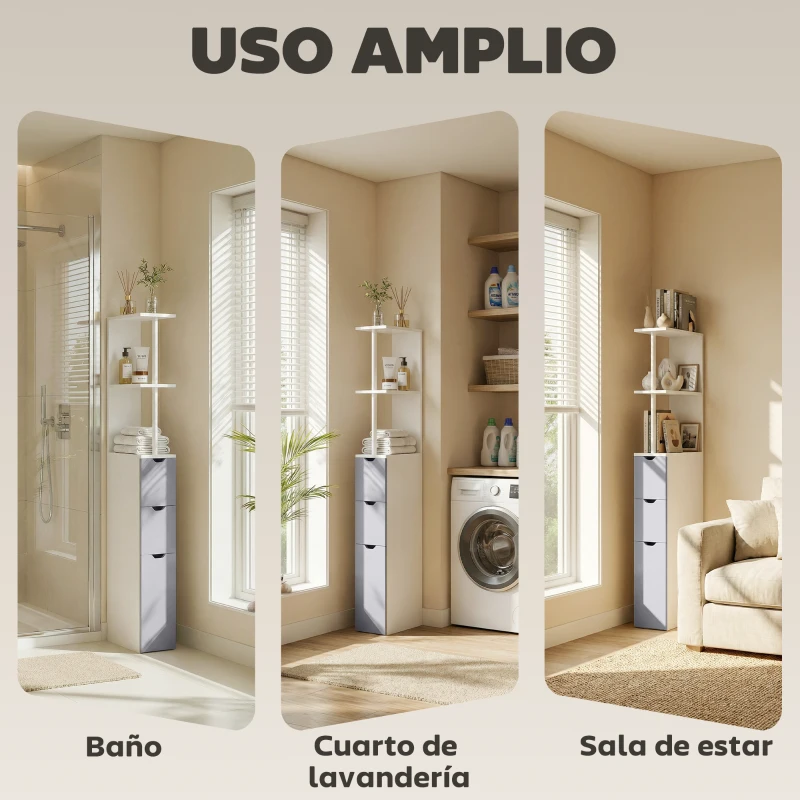 HOMCOM Columna de Baño Moderno Mueble Auxiliar de Baño con 2 Estantes 2 Cajones y 1 Puerta Antivuelco 15x33x136,8 cm Blanco