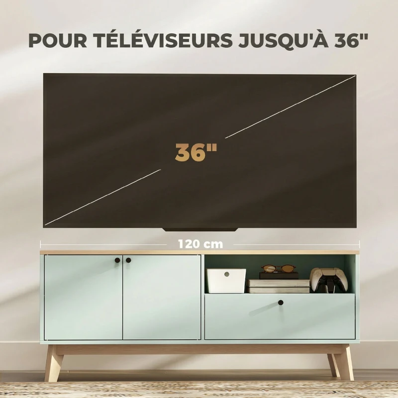 HOMCOM Meuble TV 120 cm, meuble télé pour téléviseur jusqu'à 36 pouces avec 2 portes, tiroir, compartiment ouvert, vert clair