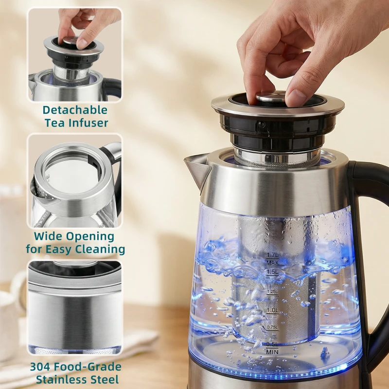 HOMCOM Elektrische Waterkoker, 1,7L Snelkoker met 2200W Vermogen, UK Strix Thermostaat, Theefilter, Warmhoudfunctie