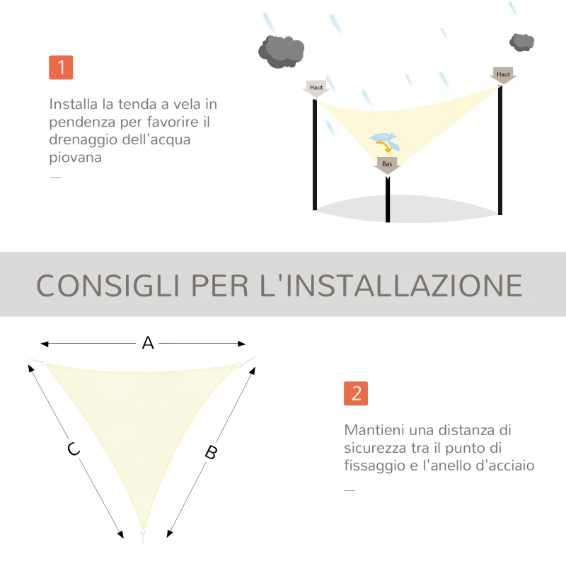 Outsunny Tenda a Vela Triangolare Tessuto Leggero e Resistente ad Acqua Blocca il 90% dei Raggi UV in HDPE (Polietilene ad Alta Densità) Crema 5x5x5m