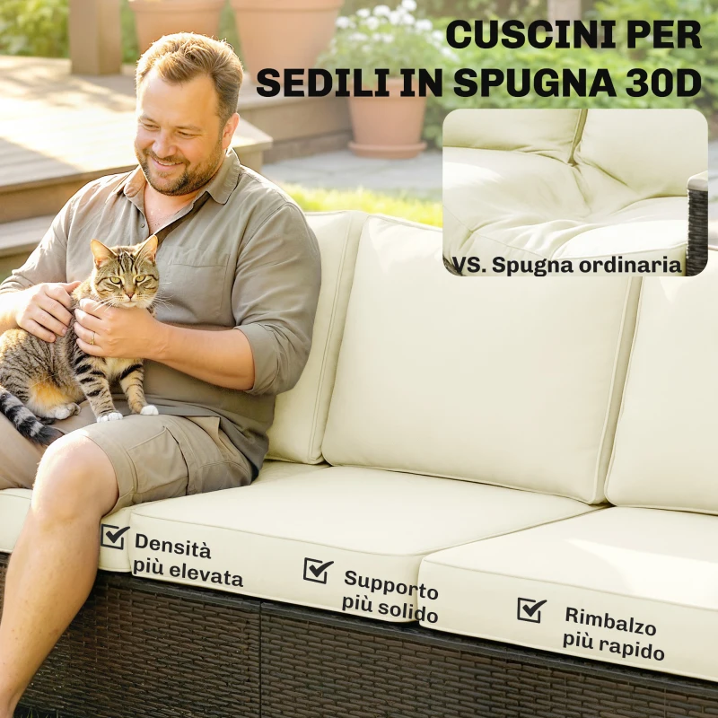 Outsunny Divanetto da Esterno a 3 Posti in Rattan PE con Braccioli Effetto Legno e Cuscini Lavabili, Marrone e Crema