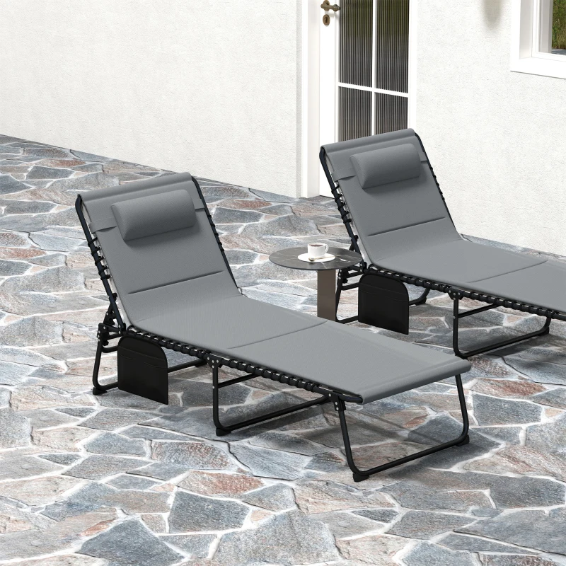 Outsunny 2er Set Sonnenliege klappbar Gartenliege mit Kopfkissen 5-Fach höhenverstellbarer Rückenlehne Seitentasche Dunkelgrau