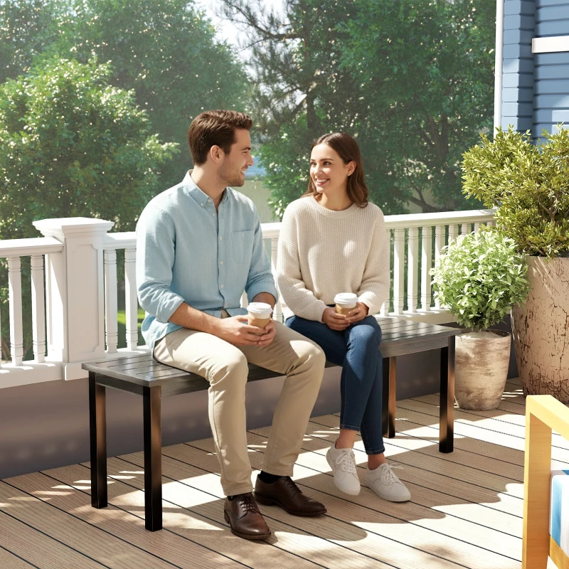 Outsunny 2 Seater Garden Bench, Outdoor Bench Loveseat with Wood-Effect Slatted Seat and Steel Frame for Patio, Park, Grey