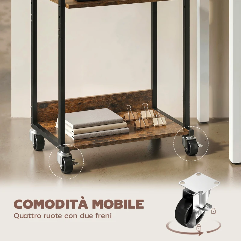 HOMCOM Stampante Tavolino Industriale 3 Livelli, Ruote e Ganci, Marrone Rustico.