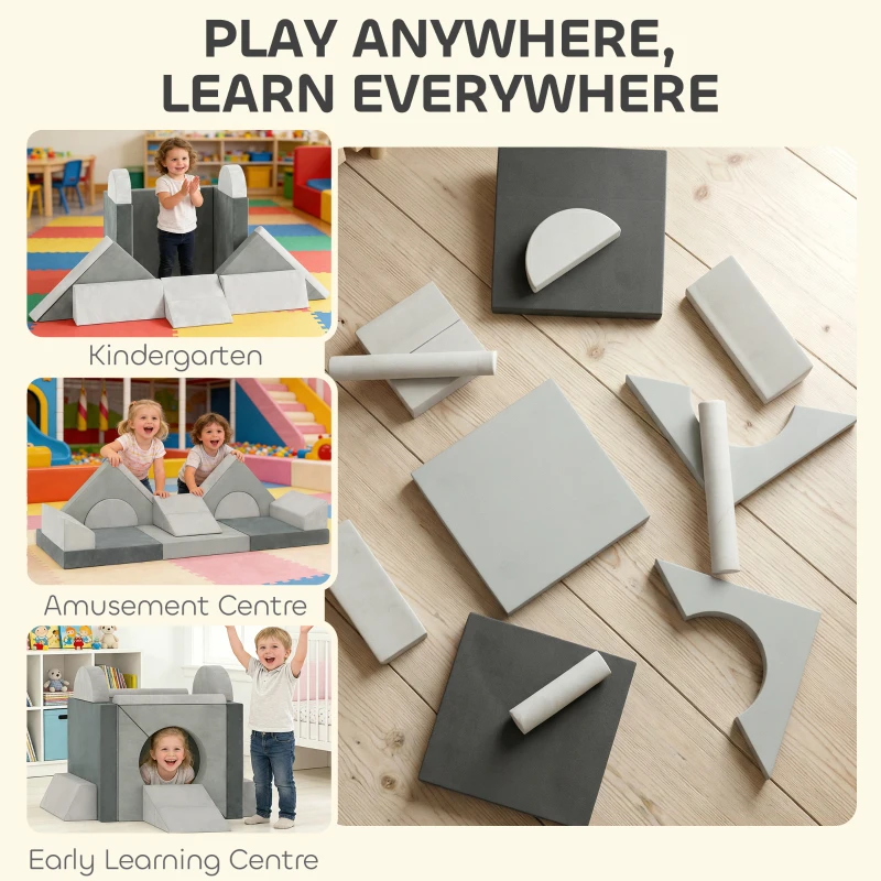 AIYAPLAY Kids Play Sofa, 12 Pieces Foam Modular Soft Play Set for Playroom, Children Convertible Sofa for Boys and Girls, Grey
