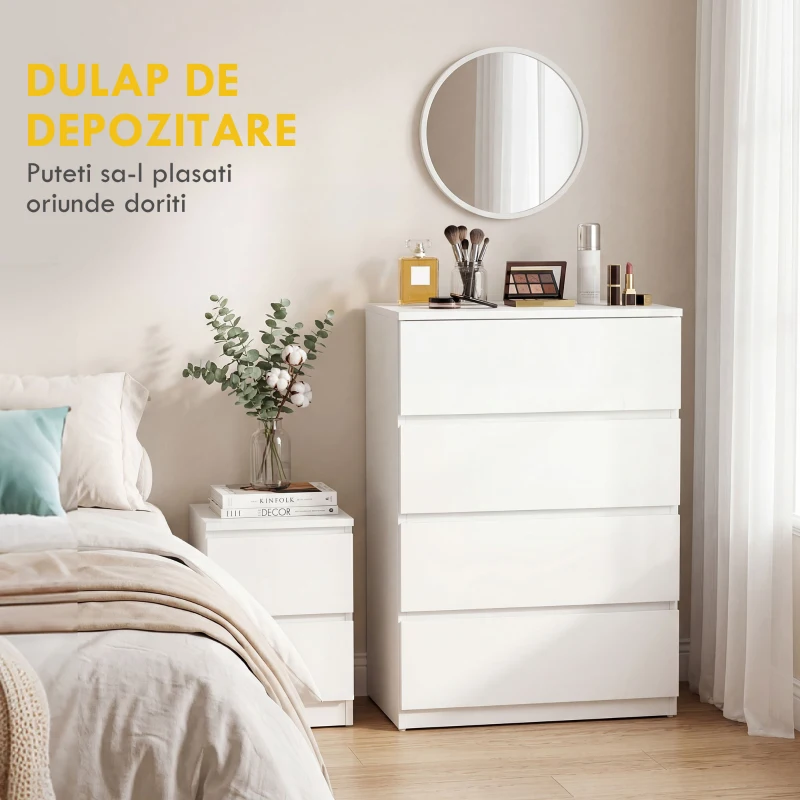 HOMCOM Comodă cu 4 Sertare din PAL cu Șine Metalice și Margini Înclinate, 60x40x80 cm, Alb(m-4)