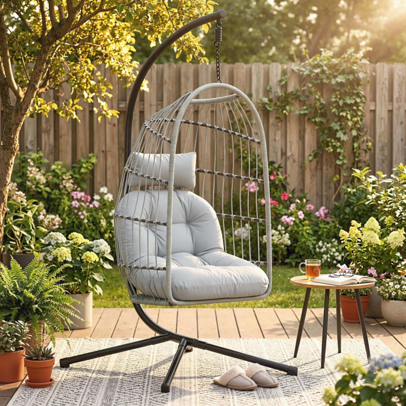 Outsunny Hanging Egg Chair, Indoor Outdoor Hammock Swing Chair with Stand, Safety Strap, Foldable Basket, Light Grey