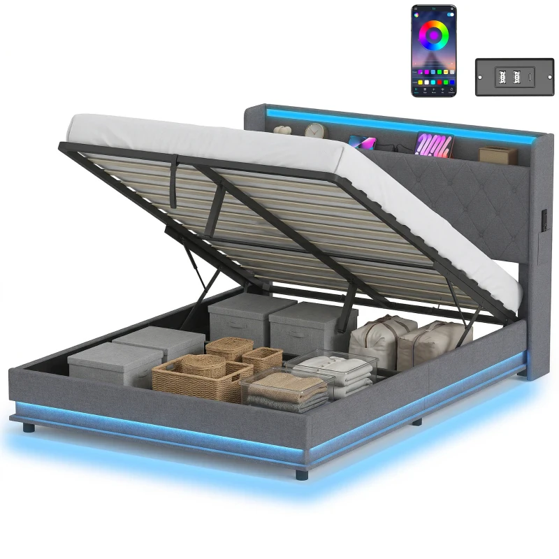 HOMCOM 5ft King Bed Frame with Headboard, Platform Bed Frame with Hydraulic Storage, LED Lights and Charging Station, Grey